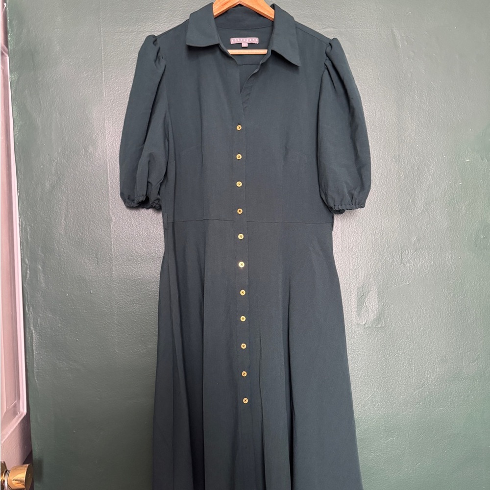 Sharagano Dark Green Button-Front Midi Dress with Puff Sleeves